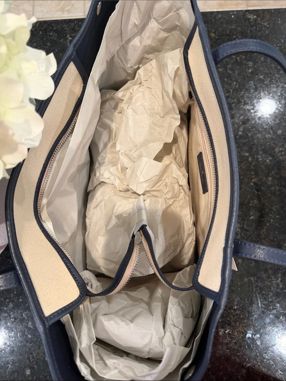 NWT kate spade Cream and Navy Canvas Tote with Logo